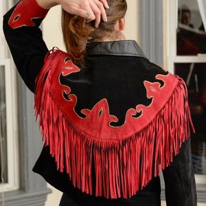 Genuine Suede Leather Black and Red Tassel Jacket